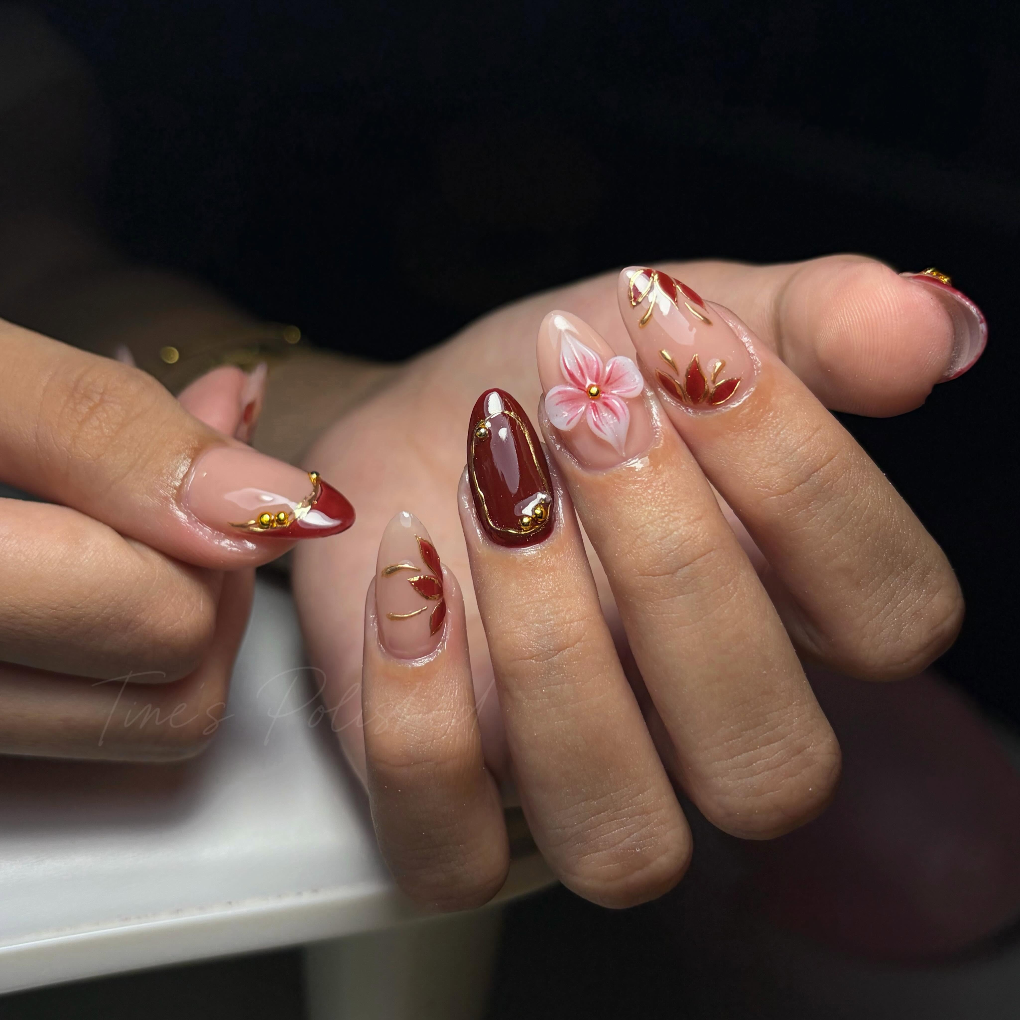 Red and floral nail art