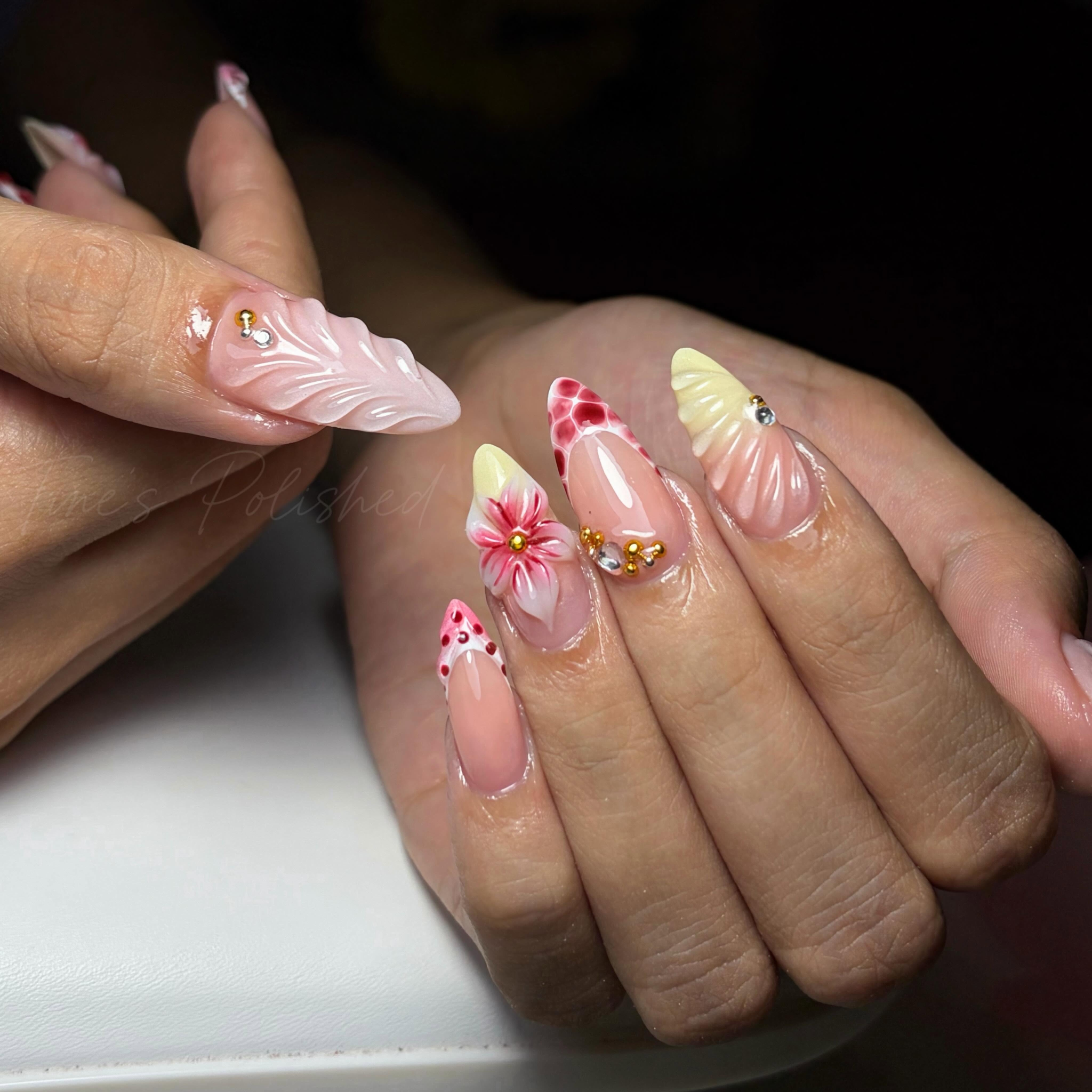 Pink sculpted flower nail art